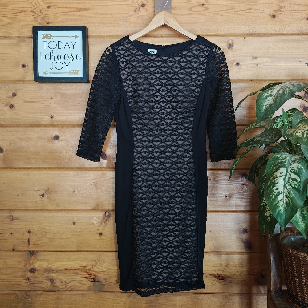 Anne‎ Klein 3/4 Sleeve Sheer Lace Front Sheath Midi Dress Stretch Cocktail Sz 4